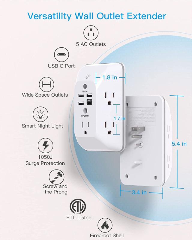 Rynx | Outlet Extender with Night Light, Multi Plug Outlet, USB Wall Charger Surge Protector