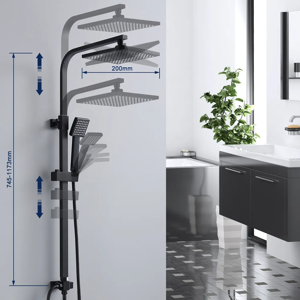 Rynx | Shower system Black Rain shower Shower set without faucet with overhead shower Hand shower Shower column Shower system with diverter angular Shower column for bathroom, black