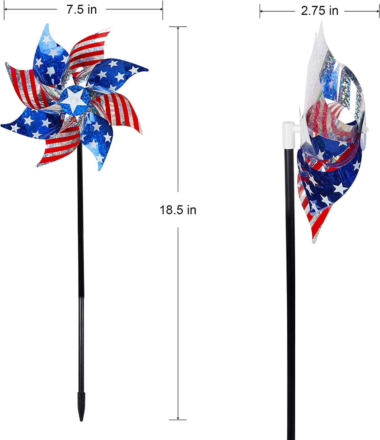Rynx | 10 Pack Reflective Windmills Patriotic Decorations, American Flag on Stick Wind Spinner with Support for Independence Day, Memorial Day July 4th Party Supplies, Scare Birds Repellent Devices