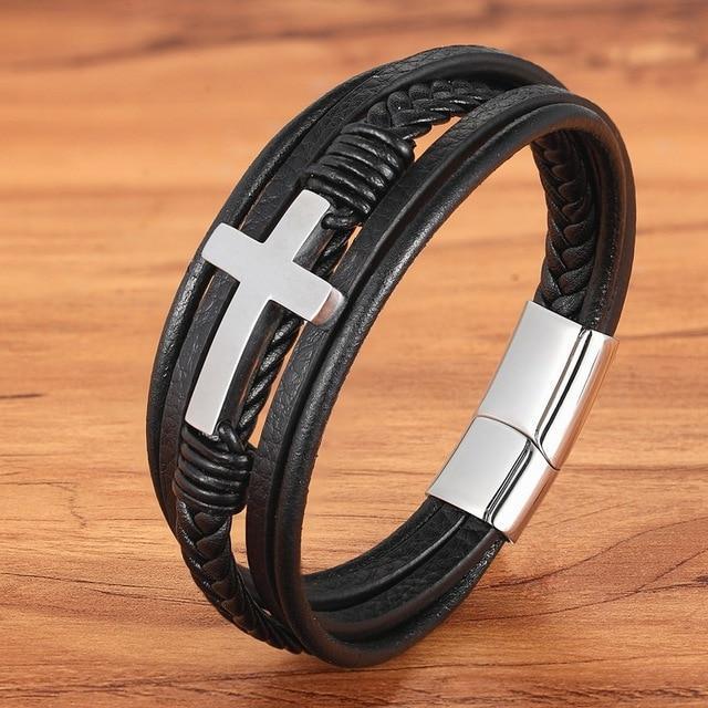 RYNX | Bracelet - Leather Bracelet With Steel Cross Silver