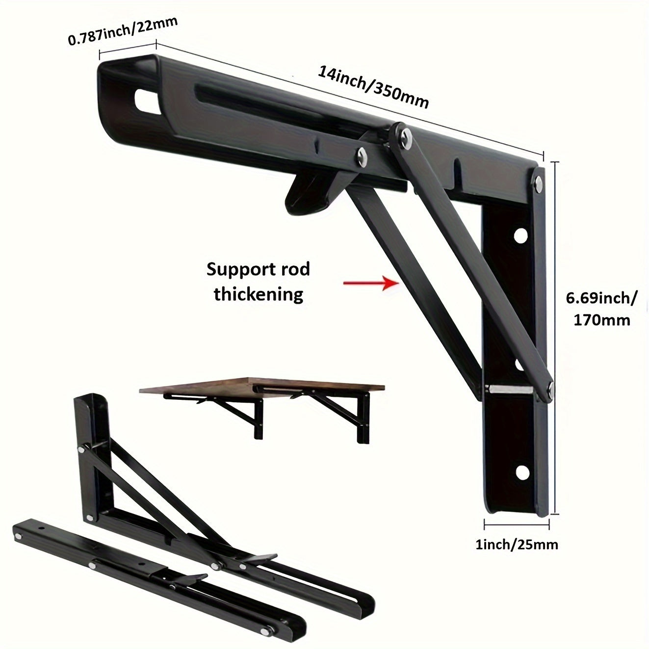 Rynx | 2-Piece Heavy-Duty Steel Folding Shelf Brackets – Space-Saving L-Shaped Table Hinge, Wall-Mounted with Screws, Sturdy and Adjustable 2pcs-14nch
