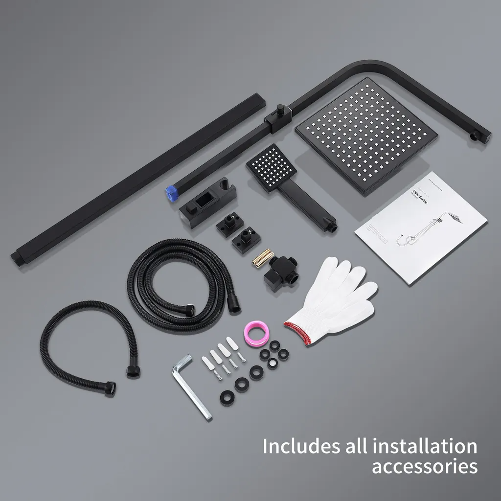 Rynx | Shower system Black Rain shower Shower set without faucet with overhead shower Hand shower Shower column Shower system with diverter angular Shower column for bathroom, black
