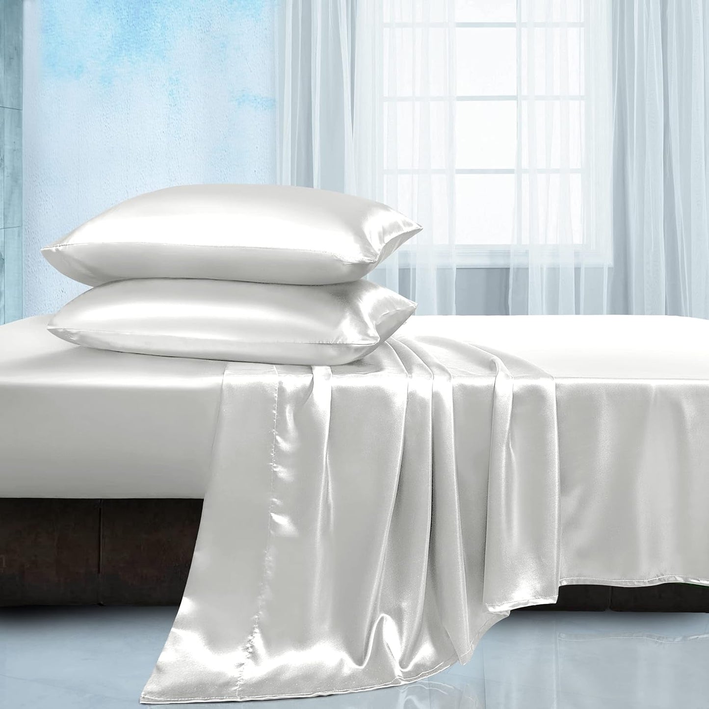 Rynx | Soft Silk Satin Sheet Set, Luxury Bedding Set (1 Satin Fitted Sheet with Elastic, 1 Satin Flat Sheet, 2 Satin Pillowcases (Twin/1 Pillowcase)