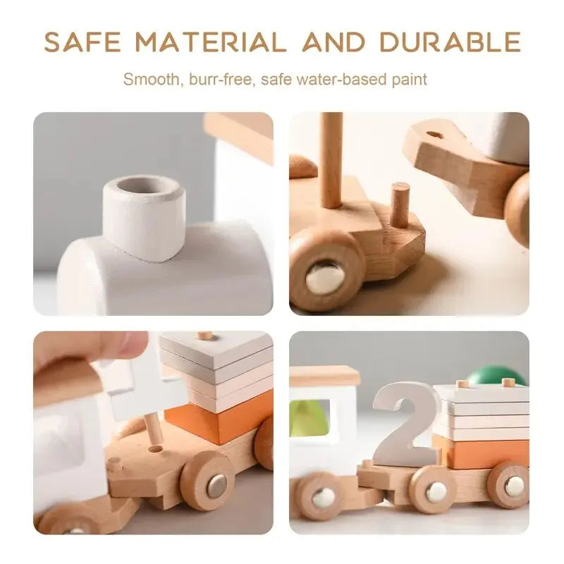 Rynx | Educational Wooden Train Set for Babies - Montessori-Inspired Learning Toy with Trolley and Number Blocks