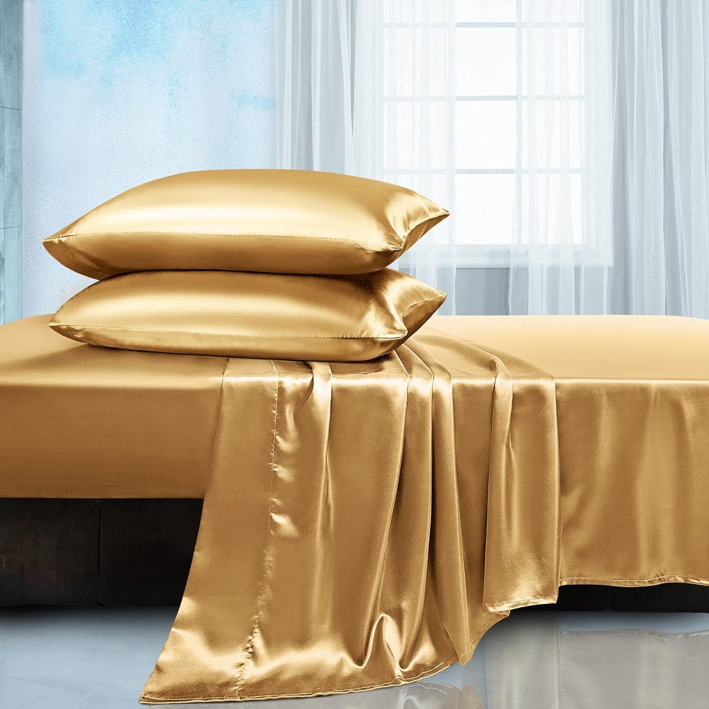 Rynx | Soft Silk Satin Sheet Set, Luxury Bedding Set (1 Satin Fitted Sheet with Elastic, 1 Satin Flat Sheet, 2 Satin Pillowcases (Twin/1 Pillowcase)