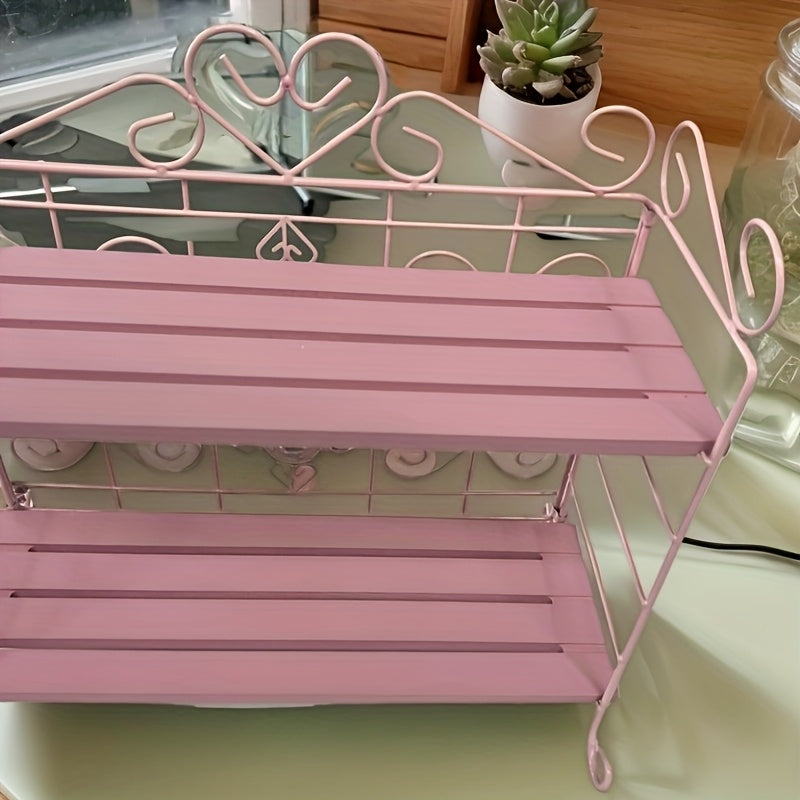 Rynx | 1pc Pink 2-Tier Klappbarer Metall- und Holzlagerregal – Eleganter Thekenorganizer für Schlafzimmer, Küche, Bad, Wohnzimmer oder Gartendekor, Wohnzimmerlagerung, Nutzregale