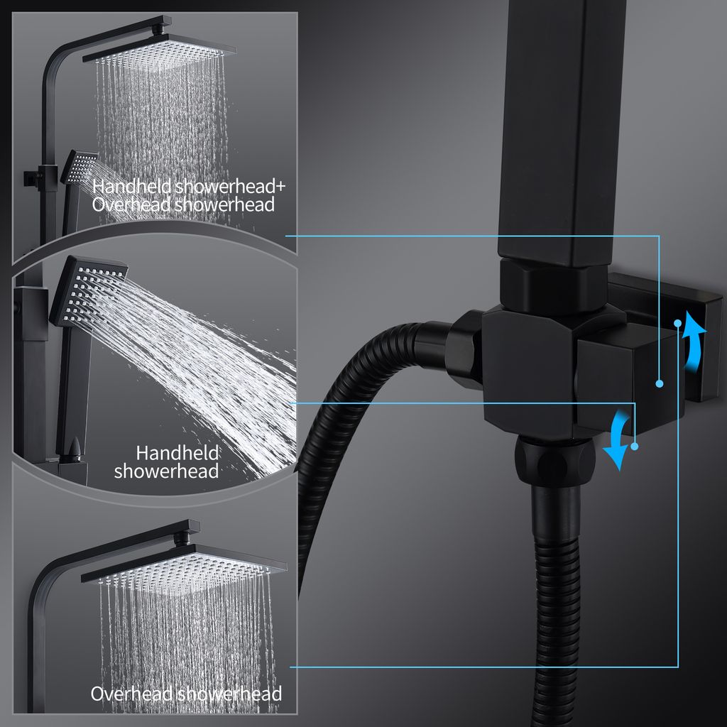 Rynx | Shower system Black Rain shower Shower set without faucet with overhead shower Hand shower Shower column Shower system with diverter angular Shower column for bathroom, black