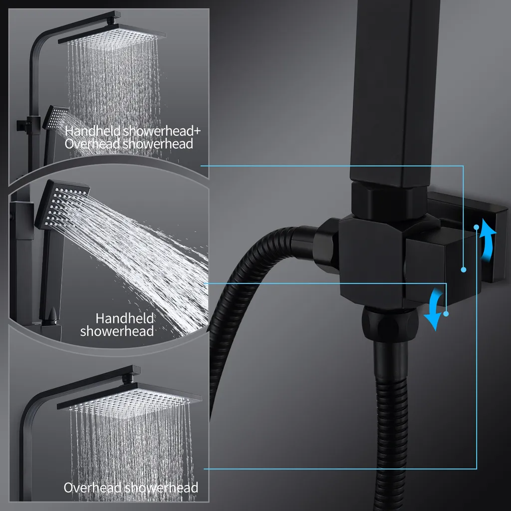 Rynx | Shower system Black Rain shower Shower set without faucet with overhead shower Hand shower Shower column Shower system with diverter angular Shower column for bathroom, black