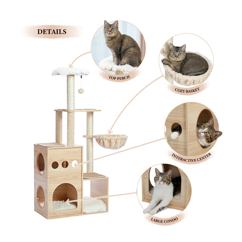 Rynx | Wooden Cat Tree with Sisal Scratching Posts, Cozy Condo & Hammock