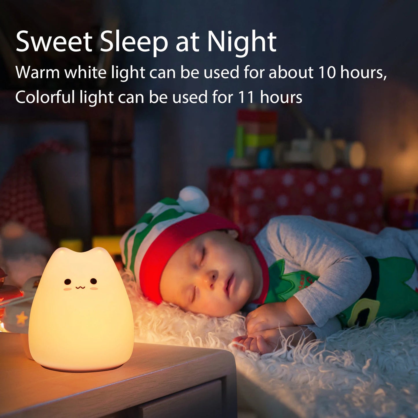 Rynx | Mini Kawaii Popular Cat Baby Night Light 7-Colors Pat Touch Color Changing Eye Protection Bedroom Nightstand Lamp Gift Kids