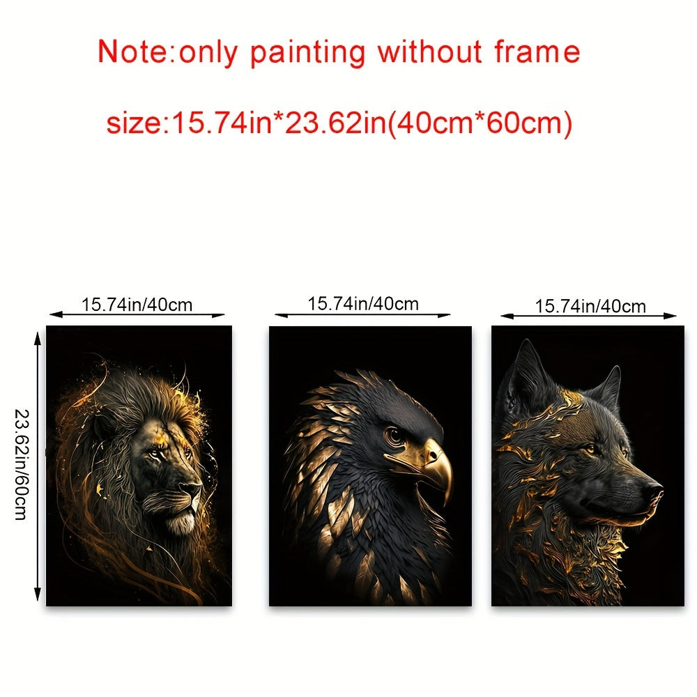 Rynx | 3 pcs Unframed Canvas Poster - Modern Art, Abstract Paintings of The Golden Lion and Eagle, Ideal Gift for Bedroom, Living Room, Hallway, Wall Decoration, Winter Decoration, Room Decor