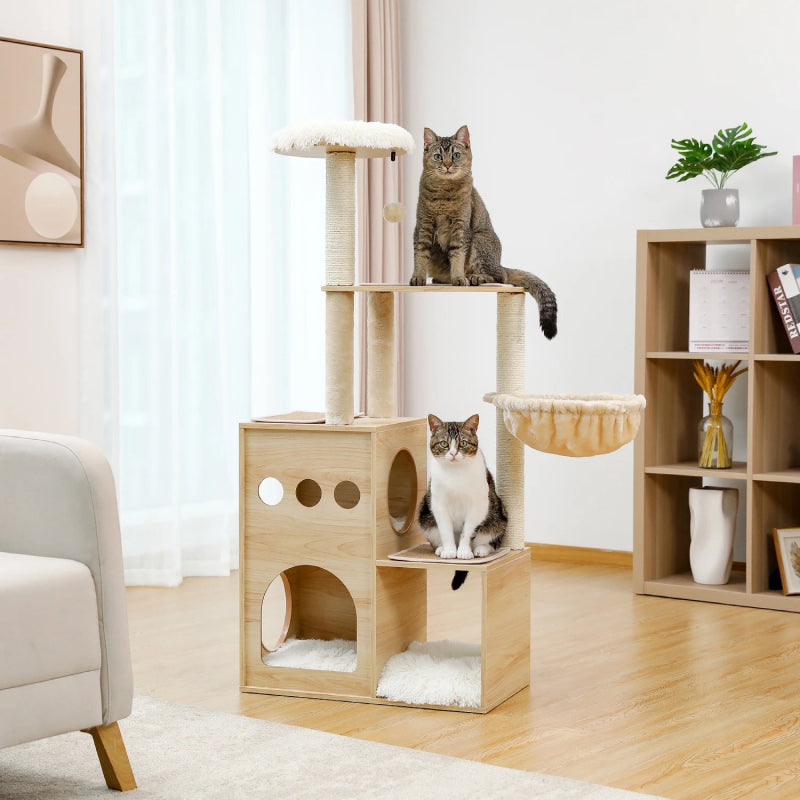 Rynx | Wooden Cat Tree with Sisal Scratching Posts, Cozy Condo & Hammock