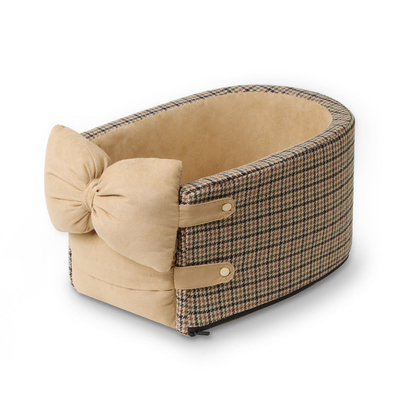 Rynx | Houndstooth Lookout Console Bow Pet Car Seat Mocha Brown