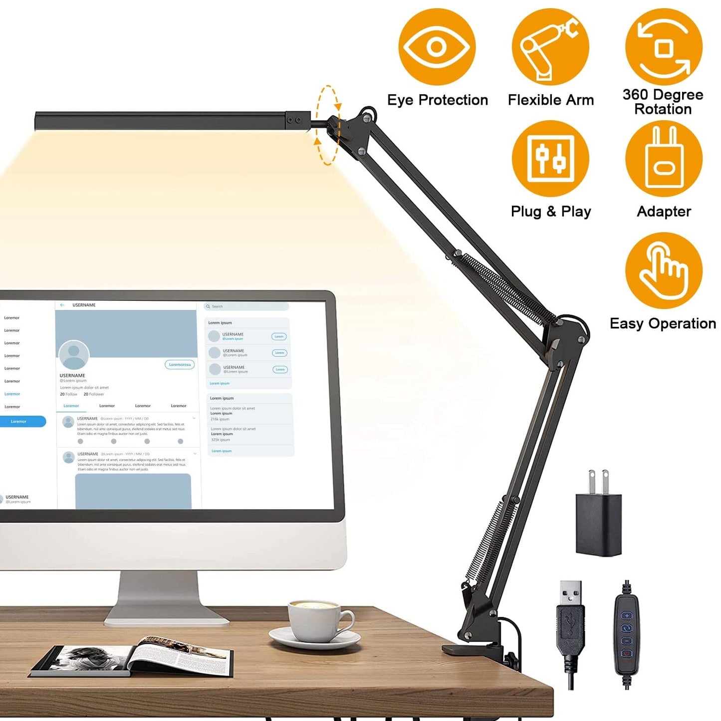 Rynx | LED Reading Lamp with Clamp Adjustable Swing Arm
