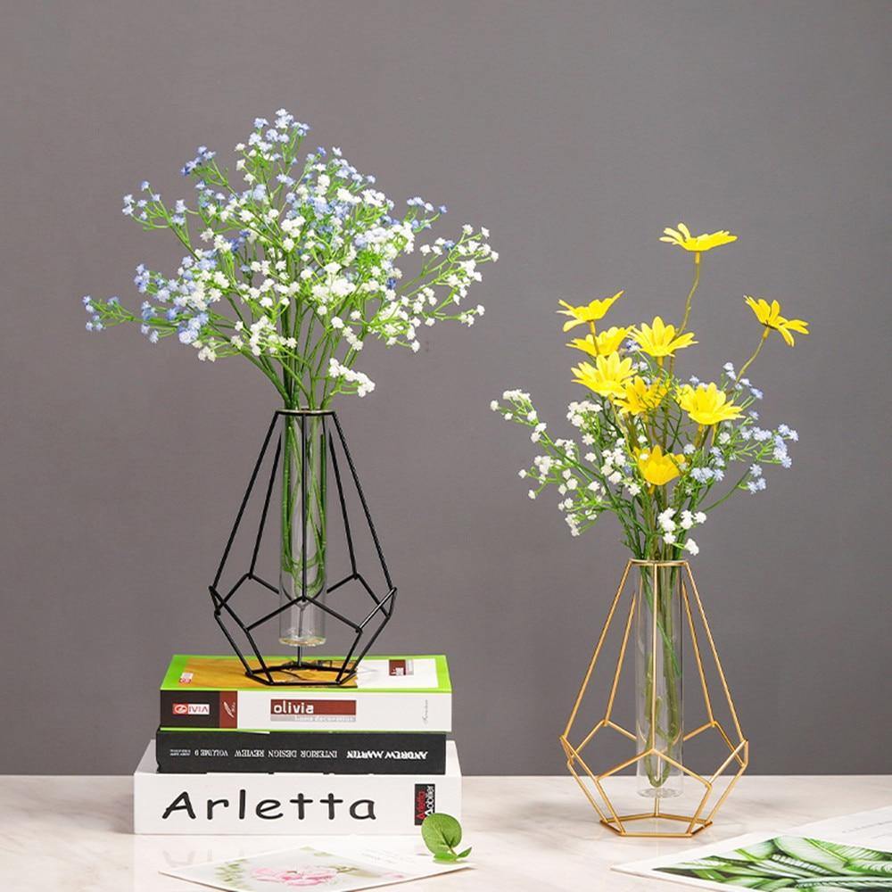 Rynx | FloraFrame Geometric Iron Vase with Glass Tube | Minimalist Design | Modern Decor for Home and Office