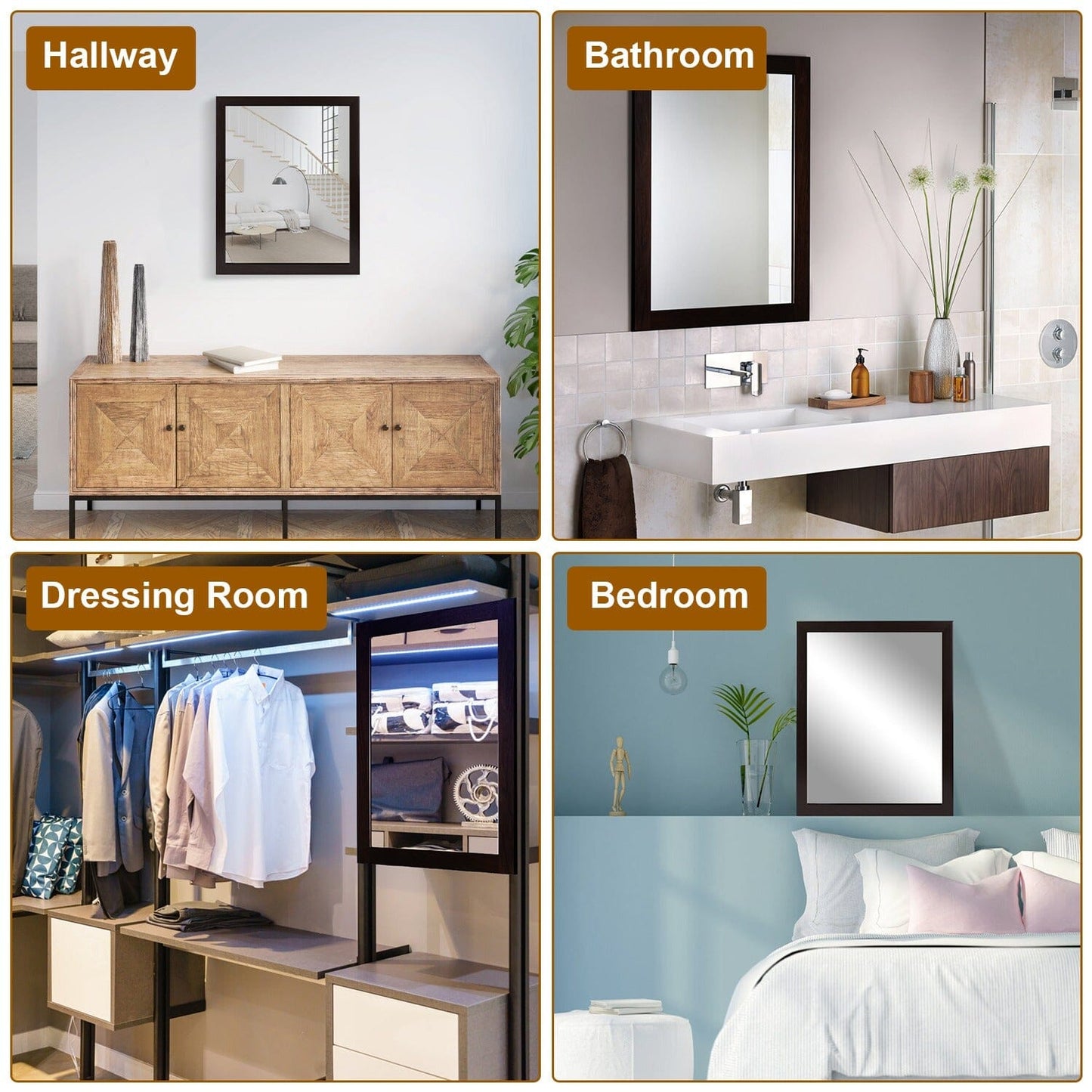 Rynx | Wall-Mounted Mirror Wood-Like Frame Rectangular Modern Hanging Mirror