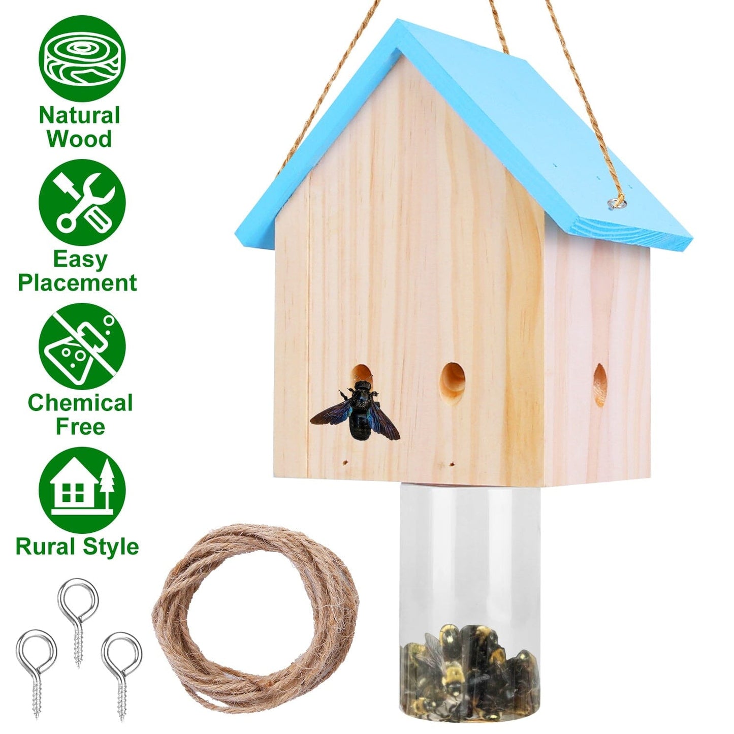 Rynx | Three Carpenter Bee Trap Outdoor Natural Pine Wood