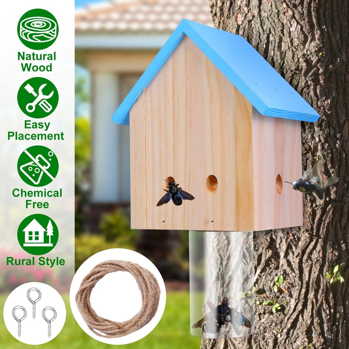 Rynx | Three Carpenter Bee Trap Outdoor Natural Pine Wood