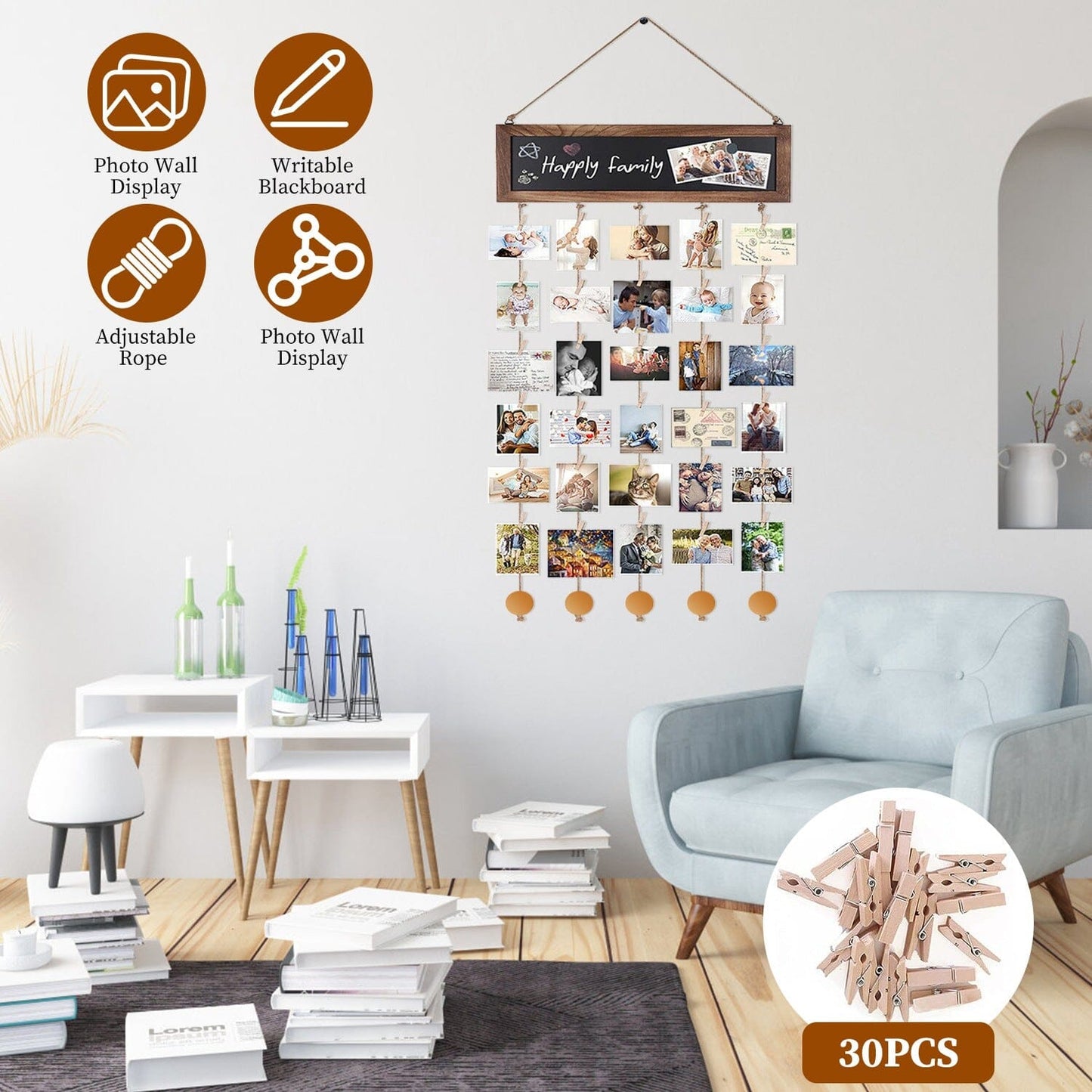 Rynx | Three Hanging Picture Frame Display String Ribbons with 30 Clips Writable Board