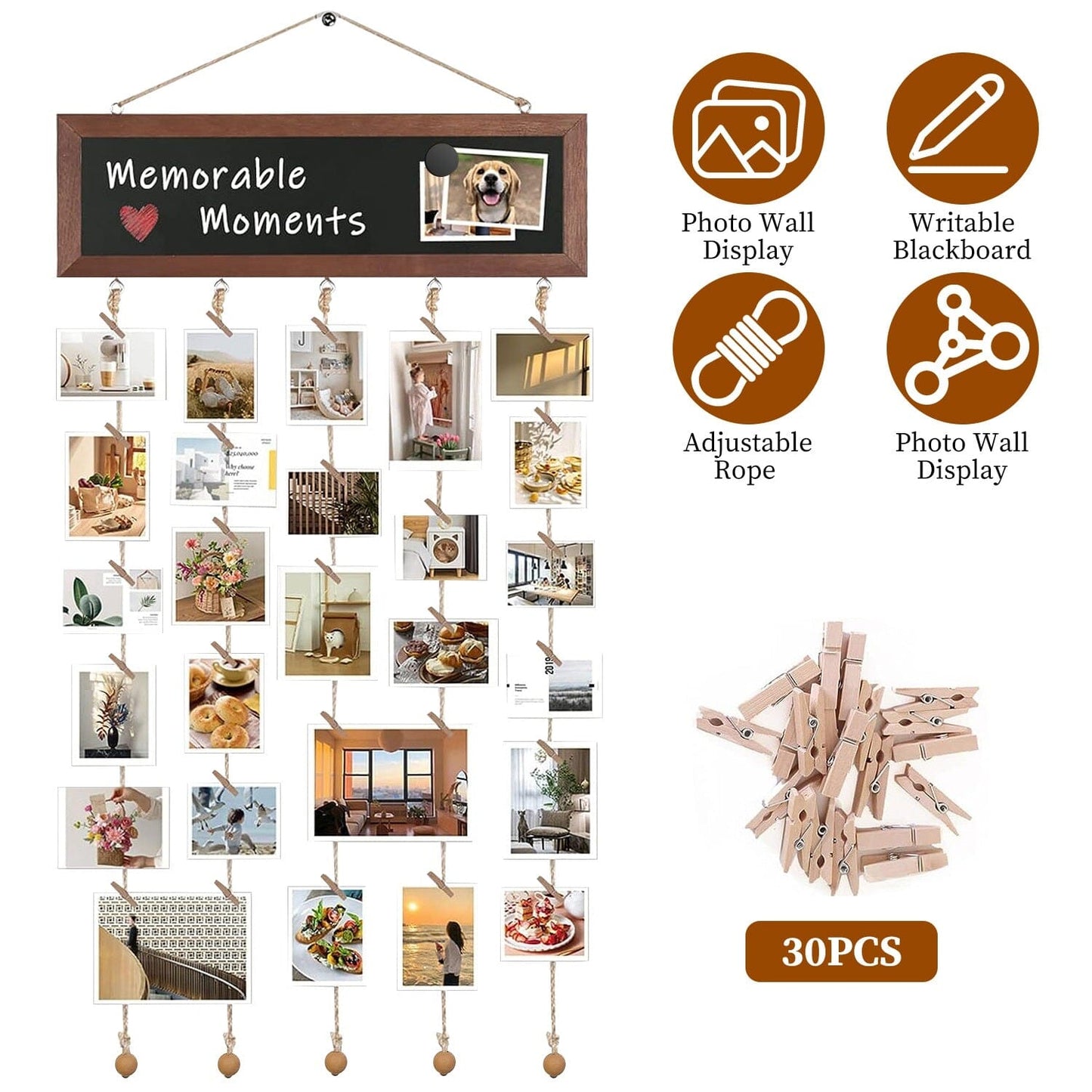 Rynx | Three Hanging Picture Frame Display String Ribbons with 30 Clips Writable Board