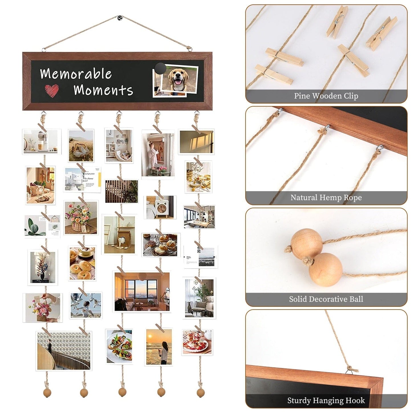 Rynx | Three Hanging Picture Frame Display String Ribbons with 30 Clips Writable Board