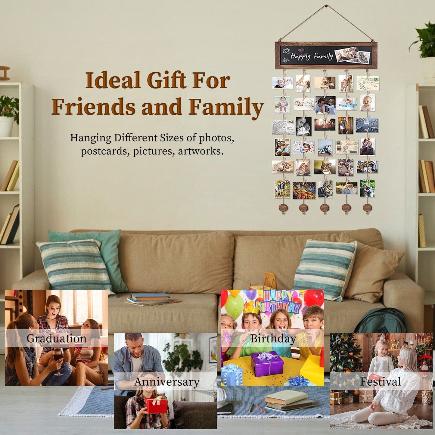 Rynx | Three Hanging Picture Frame Display String Ribbons with 30 Clips Writable Board