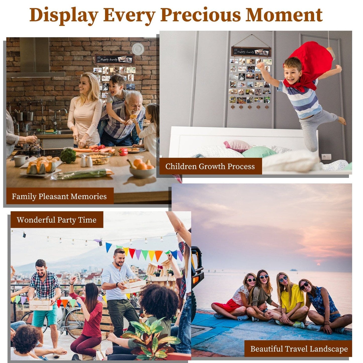 Rynx | Three Hanging Picture Frame Display String Ribbons with 30 Clips Writable Board