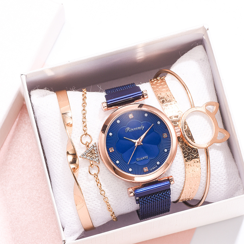 RYNX | Flower Glass Quartz Watch Watch+Bracelet (5 PCS Set) blue