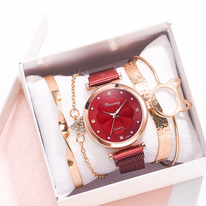 RYNX | Flower Glass Quartz Watch Watch+Bracelet (5 PCS Set) red
