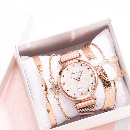 RYNX | Flower Glass Quartz Watch Watch+Bracelet (5 PCS Set) white