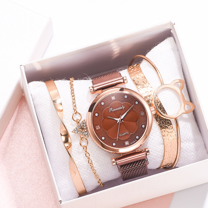 RYNX | Flower Glass Quartz Watch Watch+Bracelet (5 PCS Set) brown