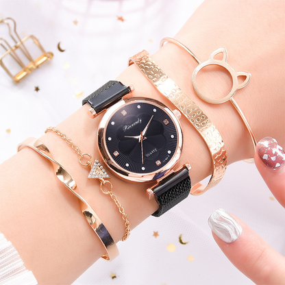 RYNX | Flower Glass Quartz Watch Watch+Bracelet (5 PCS Set) black