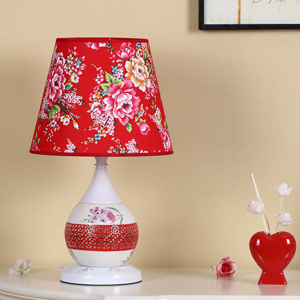Rynx | Chinese Minimalist Ceramic Floral Fabric Cone 1-Light Table Lamp