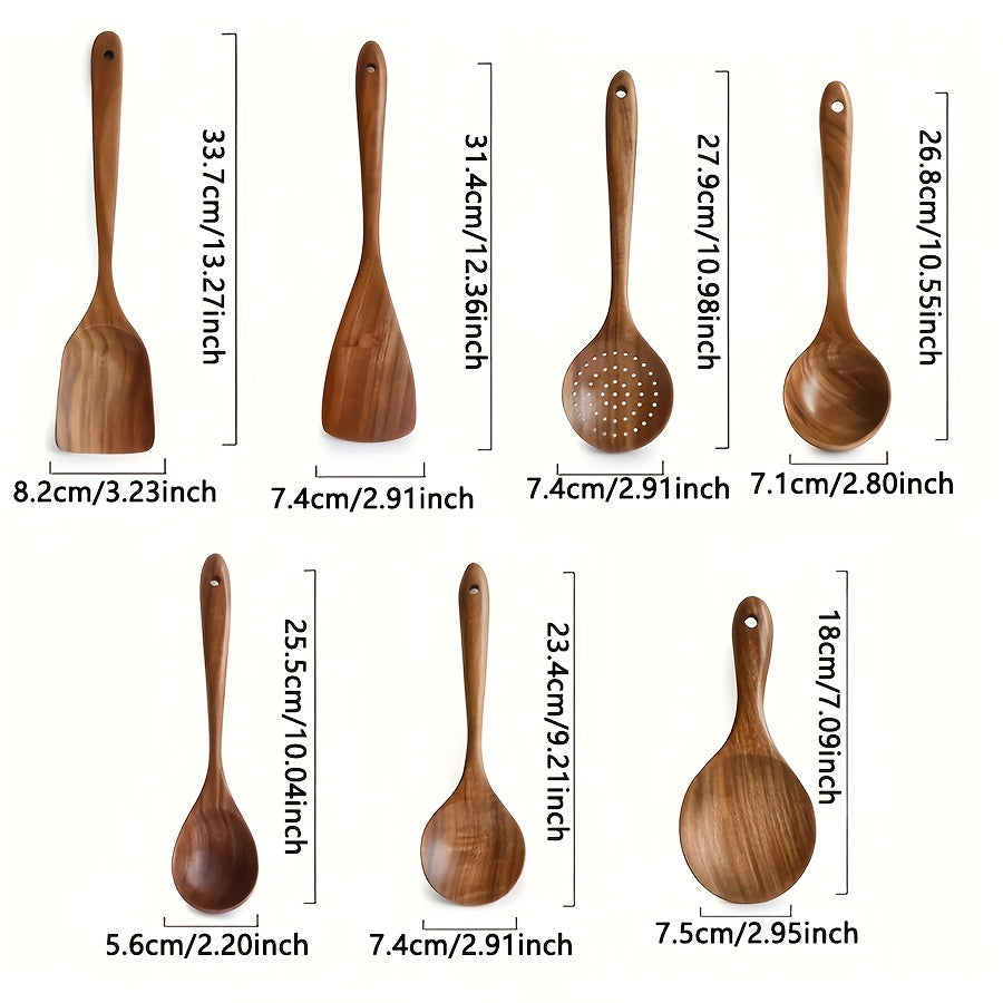 Rynx | 7pcs Premium Teak Wooden Cooking Spoons Set - Ergonomic Non-Stick Spatula with Soft Grip Handle - Perfect for Back to School, Kitchen Essentials, and Culinary Arts