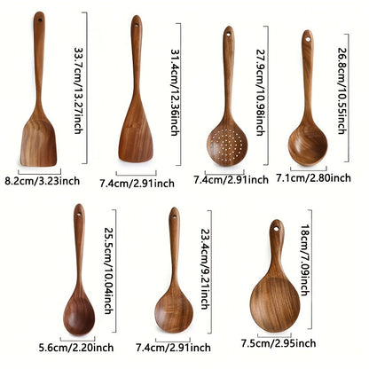 Rynx | 7pcs Premium Teak Wooden Cooking Spoons Set - Ergonomic Non-Stick Spatula with Soft Grip Handle - Perfect for Back to School, Kitchen Essentials, and Culinary Arts