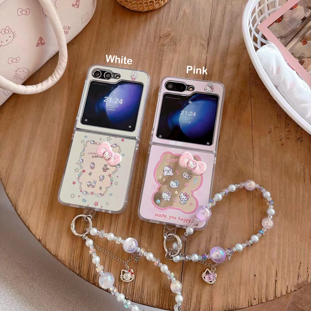 Rynx | Cute Cartoon Flip Samsung Z Flip Case – Soft Pastel Kitty Design with 3D Bow & Bead Carry Charm