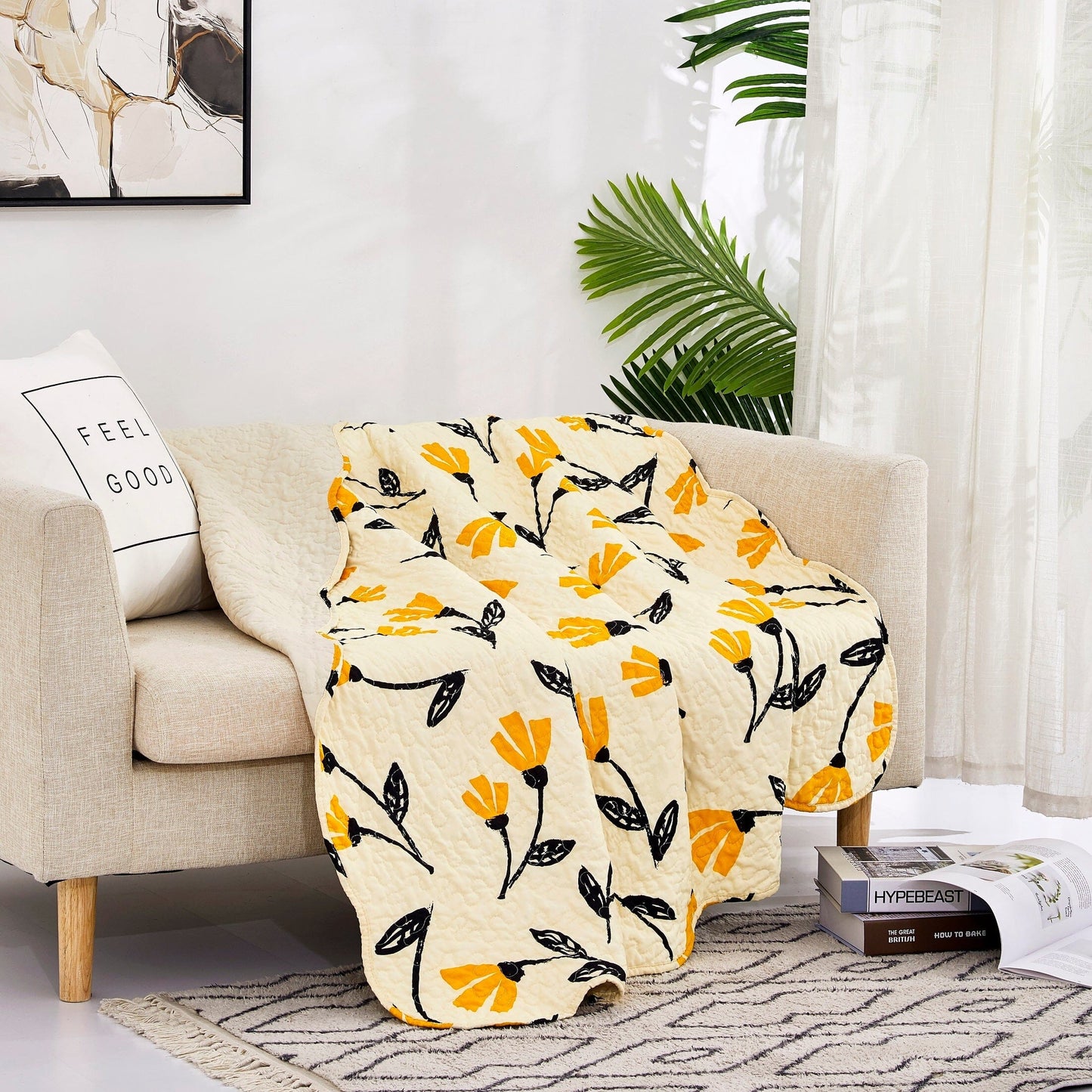 Rynx | Botanical Flower Foot Blanket - Quilted Yellow Fleur Golden Orange Springtime Tulips - Ruffled Edges Bright Lively Ivory Cream - 50 x 60