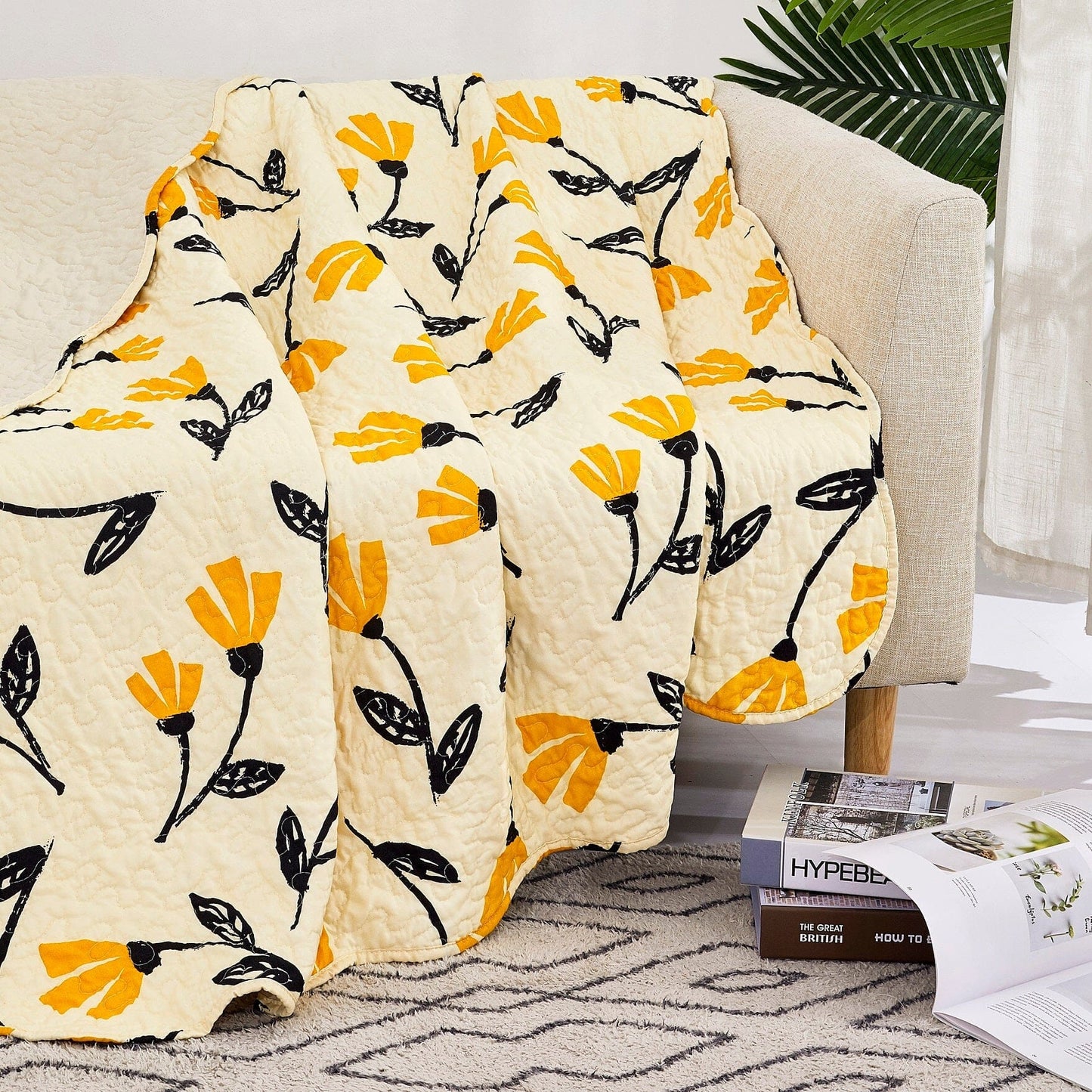Rynx | Botanical Flower Foot Blanket - Quilted Yellow Fleur Golden Orange Springtime Tulips - Ruffled Edges Bright Lively Ivory Cream - 50 x 60