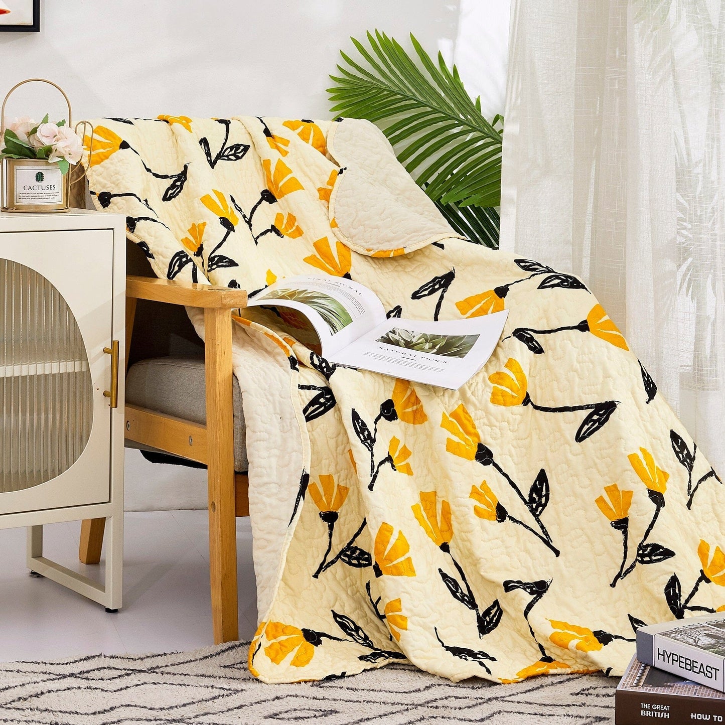 Rynx | Botanical Flower Foot Blanket - Quilted Yellow Fleur Golden Orange Springtime Tulips - Ruffled Edges Bright Lively Ivory Cream - 50 x 60