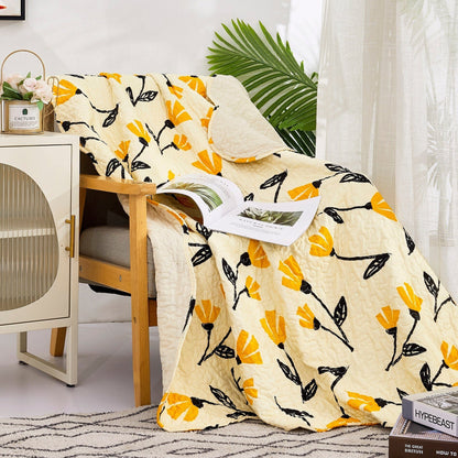 Rynx | Botanical Flower Foot Blanket - Quilted Yellow Fleur Golden Orange Springtime Tulips - Ruffled Edges Bright Lively Ivory Cream - 50 x 60