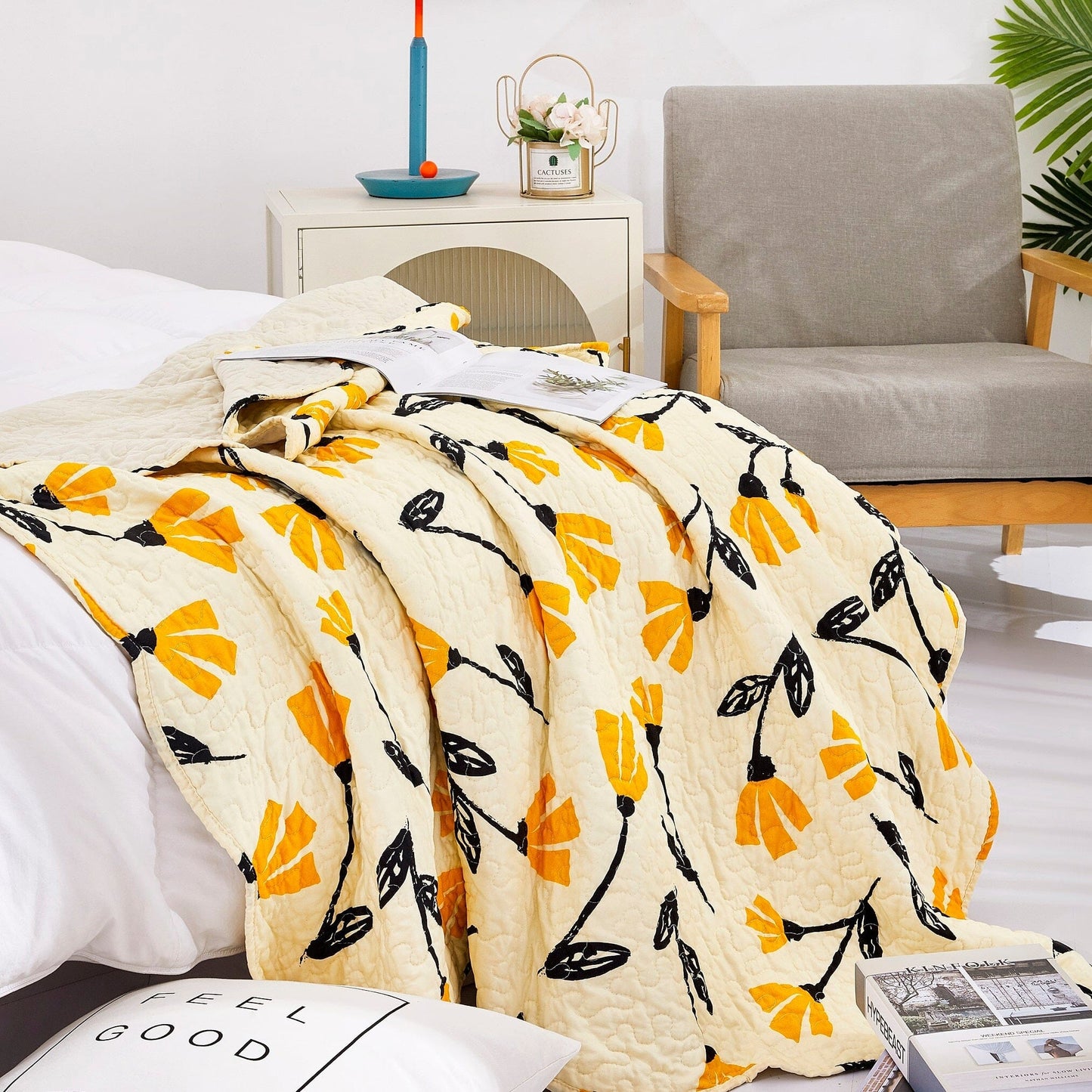 Rynx | Botanical Flower Foot Blanket - Quilted Yellow Fleur Golden Orange Springtime Tulips - Ruffled Edges Bright Lively Ivory Cream - 50 x 60