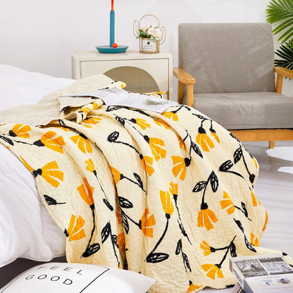 Rynx | Botanical Flower Foot Blanket - Quilted Yellow Fleur Golden Orange Springtime Tulips - Ruffled Edges Bright Lively Ivory Cream - 50 x 60