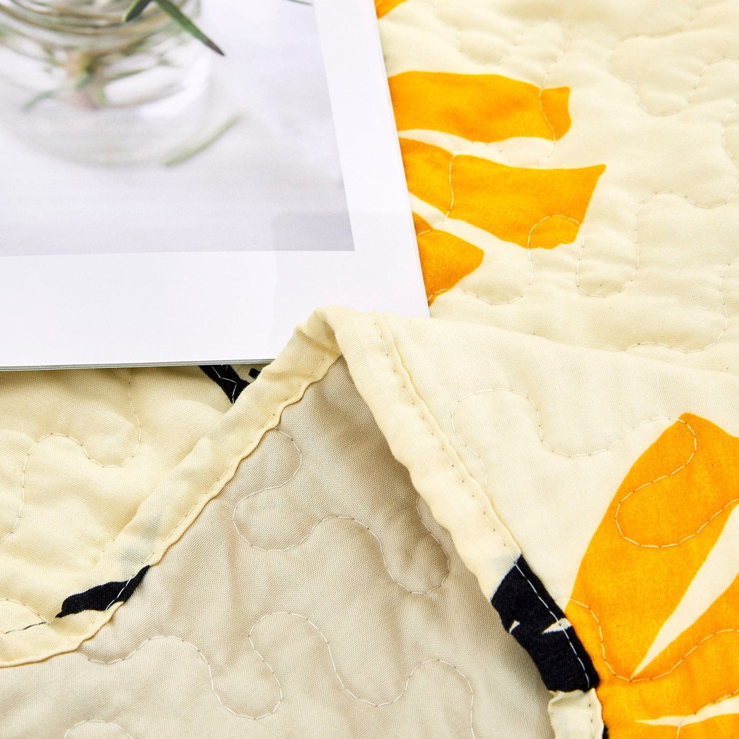 Rynx | Botanical Flower Foot Blanket - Quilted Yellow Fleur Golden Orange Springtime Tulips - Ruffled Edges Bright Lively Ivory Cream - 50 x 60
