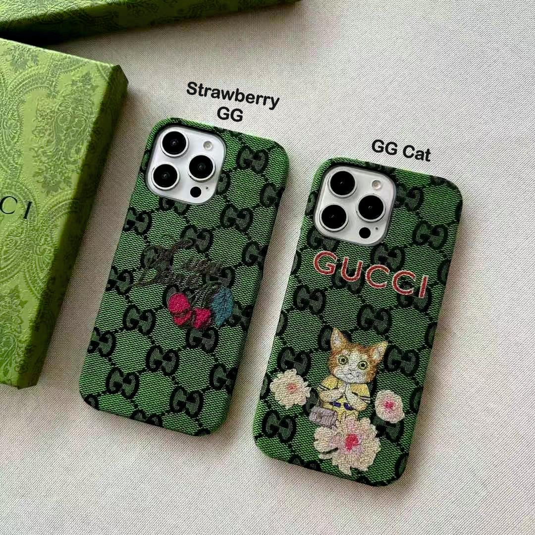 Rynx | Luxury Brand Leather Pattern iPhone Case – Cat & Bow Embroidery Style for iPhone