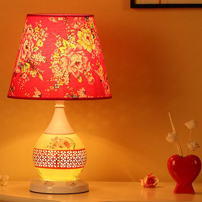 Rynx | Chinese Minimalist Ceramic Floral Fabric Cone 1-Light Table Lamp