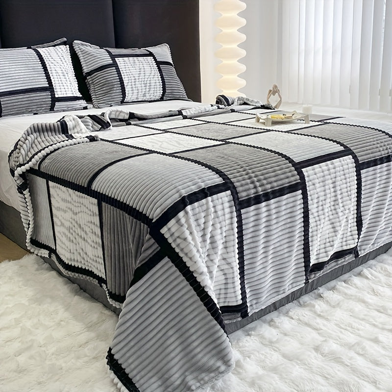 Rynx | Ultra soft plush blanket with square stripe print - Perfect for living room, bed, office, and camping decor - Machine washable, comfort for all seasons