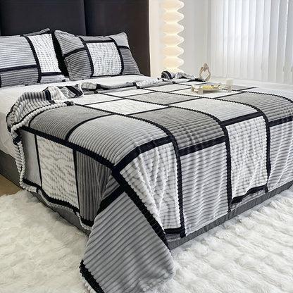 Rynx | Ultra soft plush blanket with square stripe print - Perfect for living room, bed, office, and camping decor - Machine washable, comfort for all seasons