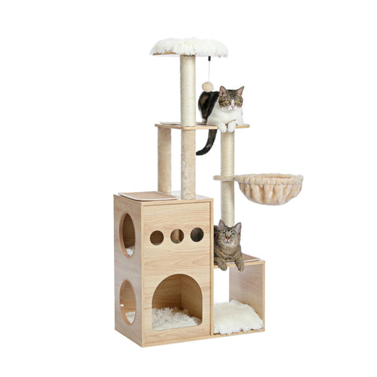Rynx | Wooden Cat Tree with Sisal Scratching Posts, Cozy Condo & Hammock