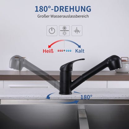 Rynx | Black Faucet Kitchen, Kitchen Faucets with 2 Spray Types Faucet with Pull-Out Spray, Mixing Valve Kitchen for Dual Sink