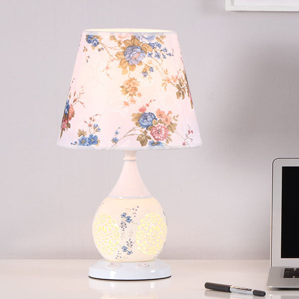 Rynx | Chinese Minimalist Ceramic Floral Fabric Cone 1-Light Table Lamp